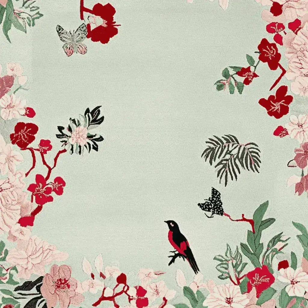 Blush Meadow Charm Hand Tufted Rug featuring a stunning floral and bird design. This area rug is perfect for large living room spaces, adding elegance and warmth. Made from high-quality wool, it's a beautiful area rug for living rooms.