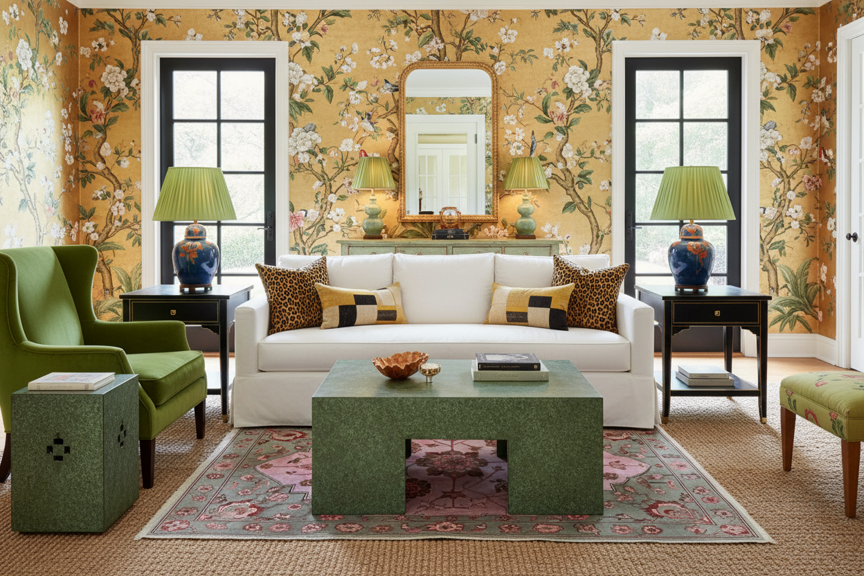 Living room with floral wallpaper, green chairs,  floral rug, and a white sofa.