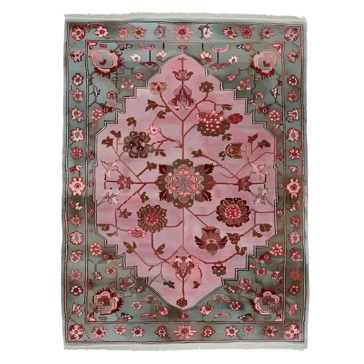 Elegant Blush Medallion Knotted Wool Area Rug featuring intricate floral patterns in shades of pink and soft gray, highlighting a sophisticated central medallion design.