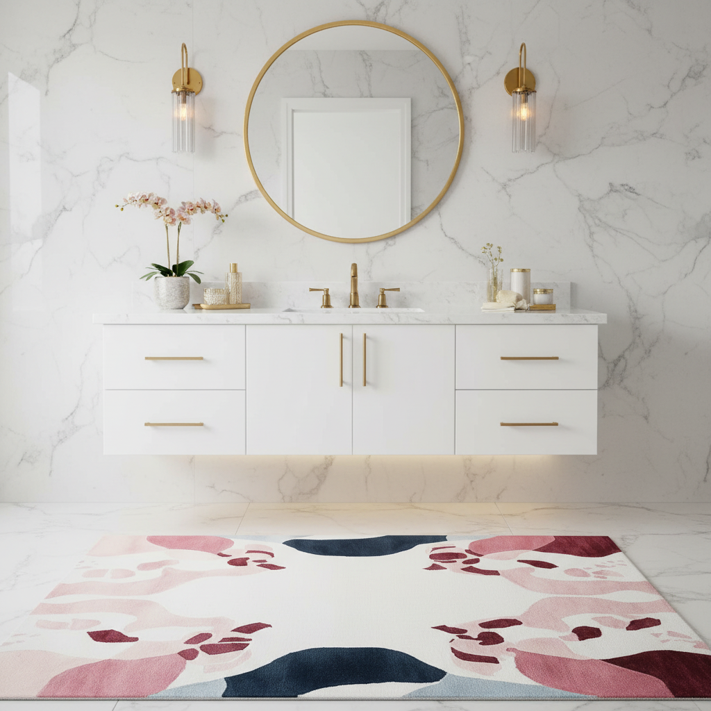 Modern bathroom with white vanity, round mirror, and decorative rug.