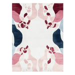 The Blush Mirage Bloom Hand Tufted Rug features an abstract design with soft pink, burgundy, and blue hues, perfect as a contemporary area rug for living rooms. Its wool construction makes it a durable choice for an 8x10 space, adding elegance and warmth to your home decor.