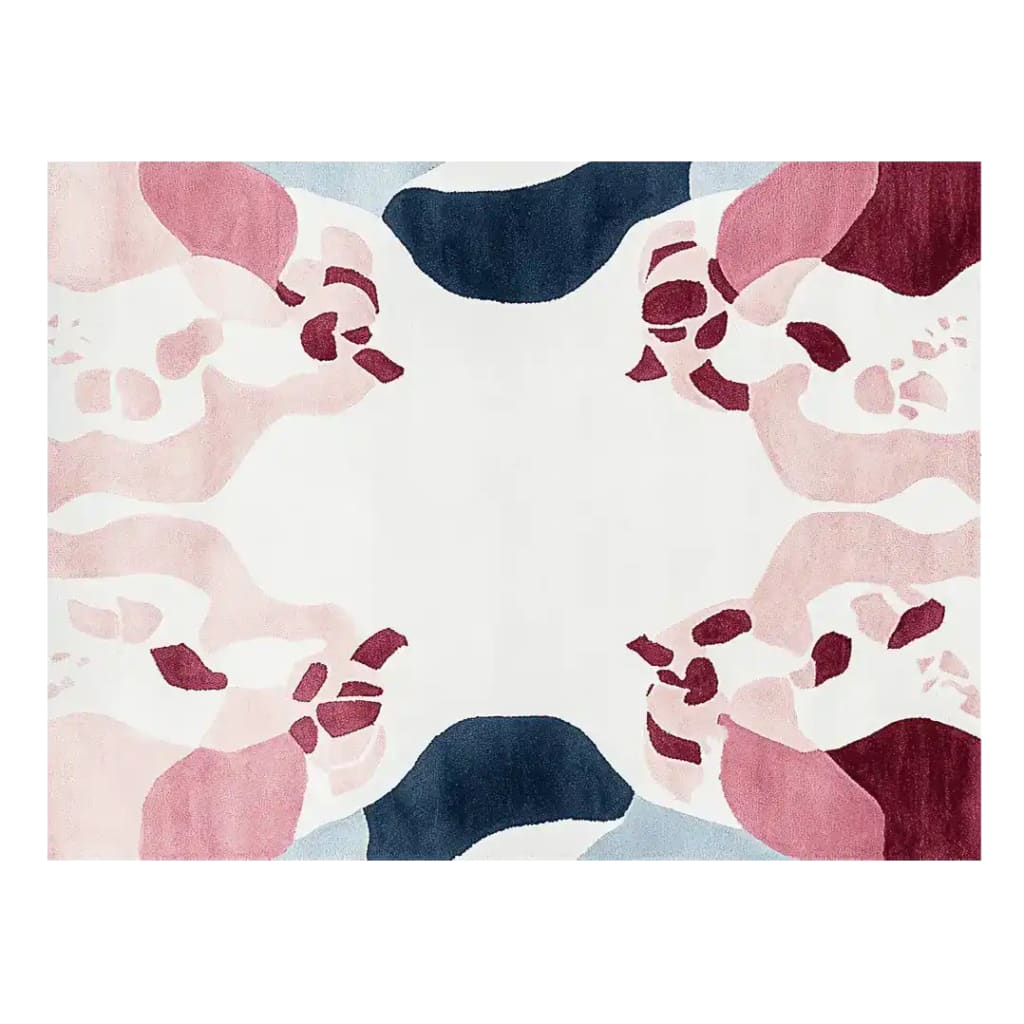 Stylish Blush Mirage Bloom Hand Tufted Area Rug showcasing a contemporary design with abstract patterns in pink, navy, and maroon tones. Perfect for adding a modern touch to living rooms, this 8x10 wool rug combines elegance and comfort, ideal for those seeking unique area rugs for living room decor.