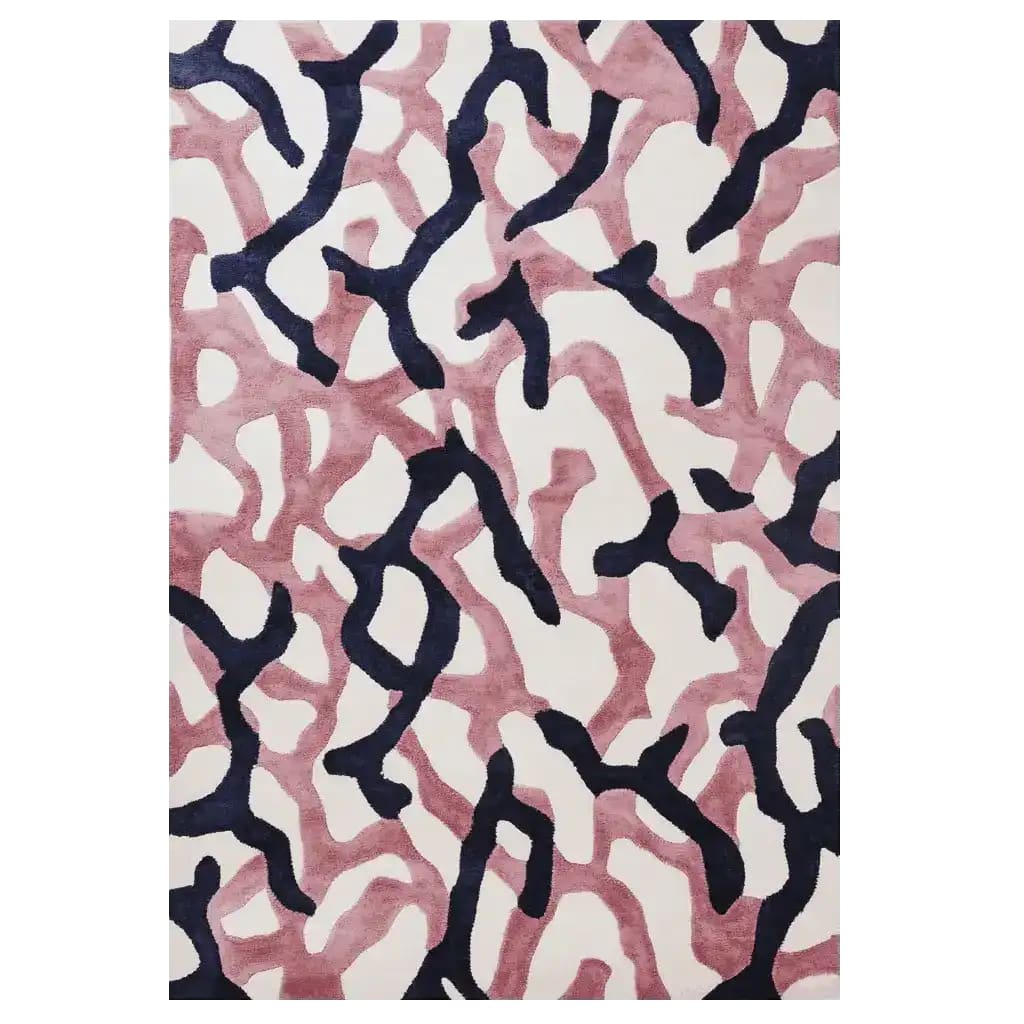 A striking abstract design area rug in pink and black tones, perfect for enhancing contemporary living room spaces. This wool rug features a modern artistic pattern that adds a touch of elegance to any living room area, showcasing a unique blend of colors and textures.