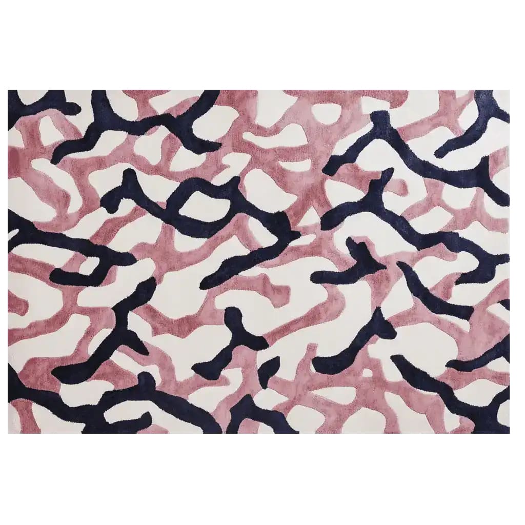 A contemporary wool area rug with a modern abstract design, featuring blush and black patterns. Perfect for adding a stylish touch to living room area rugs, this hand-tufted piece brings a chic and cozy vibe to any space.