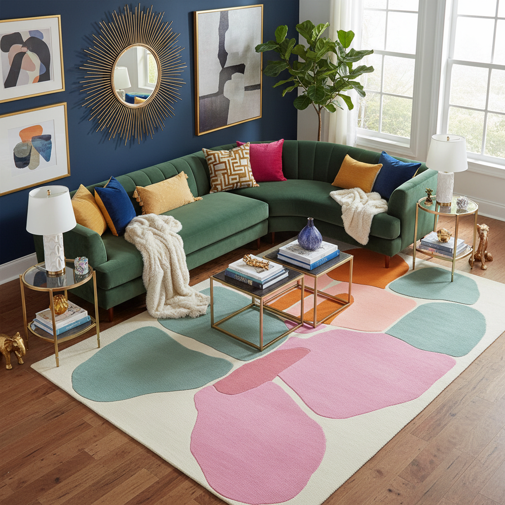 Living room with a green sectional sofa, colorful pillows, and a patterned rug.