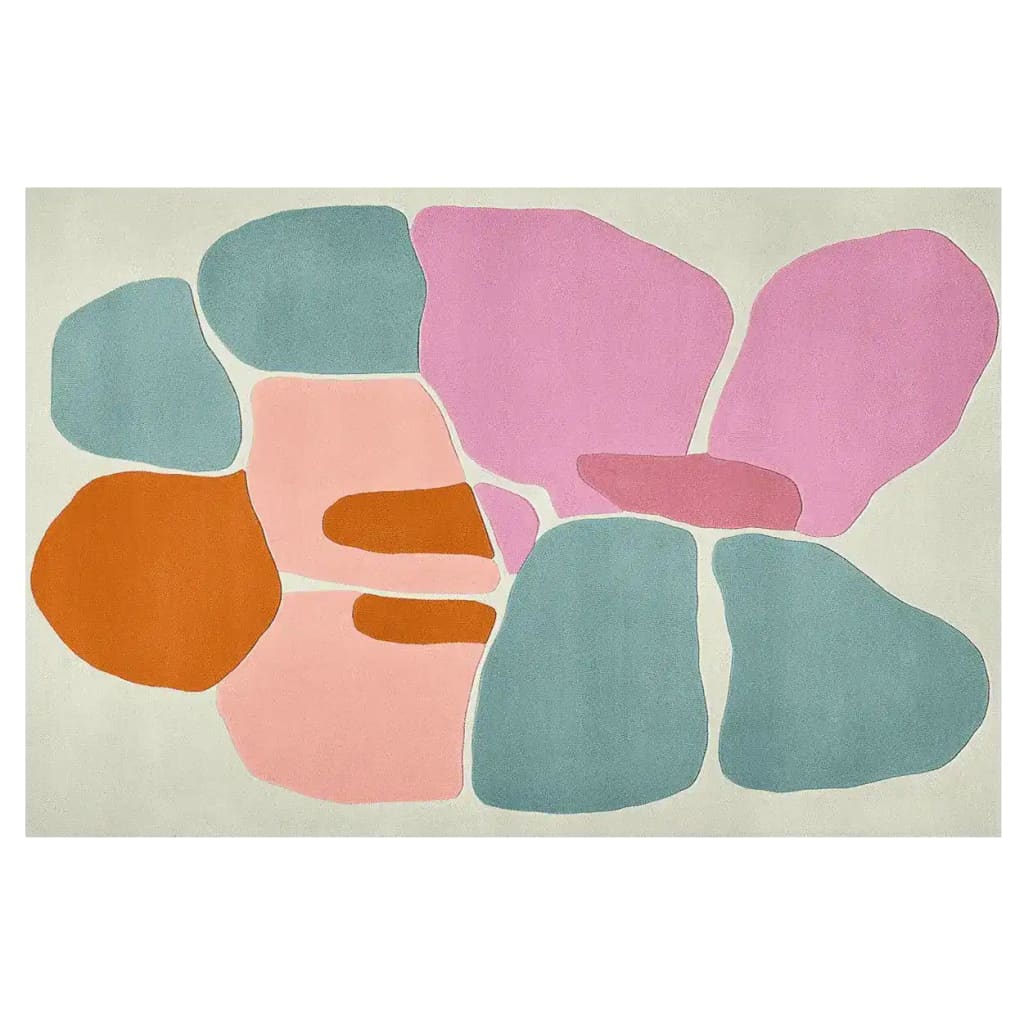 A contemporary area rug with a modern abstract design, featuring soft pastel colors including blush, moss green, and orange. This hand-tufted wool rug measures 8x10, making it ideal for adding a stylish touch to any living room.