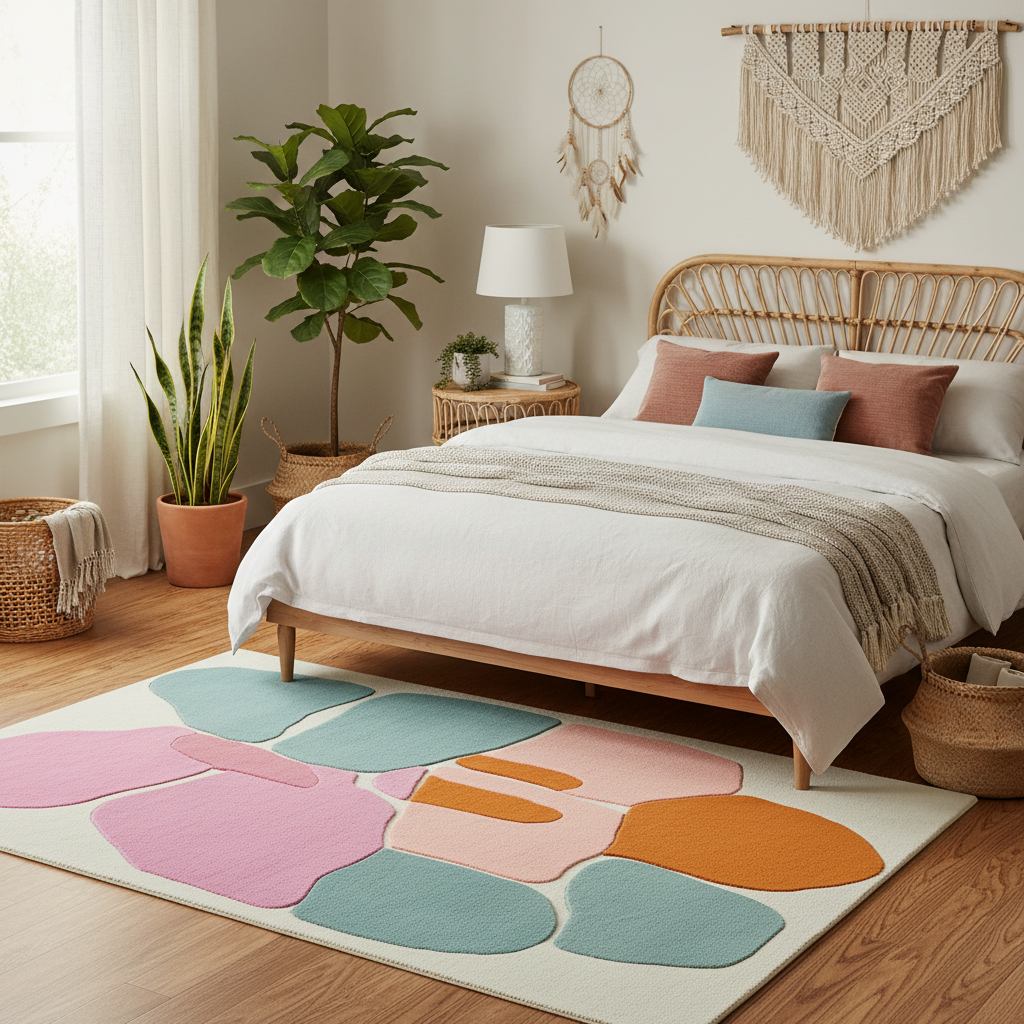 Bedroom with a colorful abstract rug, wooden bed, and decorative plants.