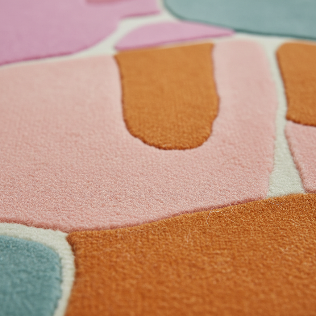 Close-up of a colorful geometric-patterned rug with orange, pink, and blue sections.