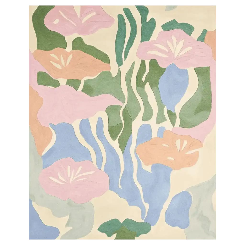 A vibrant Blush Pastel Dreamscape Hand Tufted Rug showcasing an abstract floral pattern with soft pink, green, and blue hues. This contemporary area rug is perfect for enhancing living room decor. Ideal size for living room rugs 8x10 and crafted from high-quality wool, adding a touch of elegance and warmth.