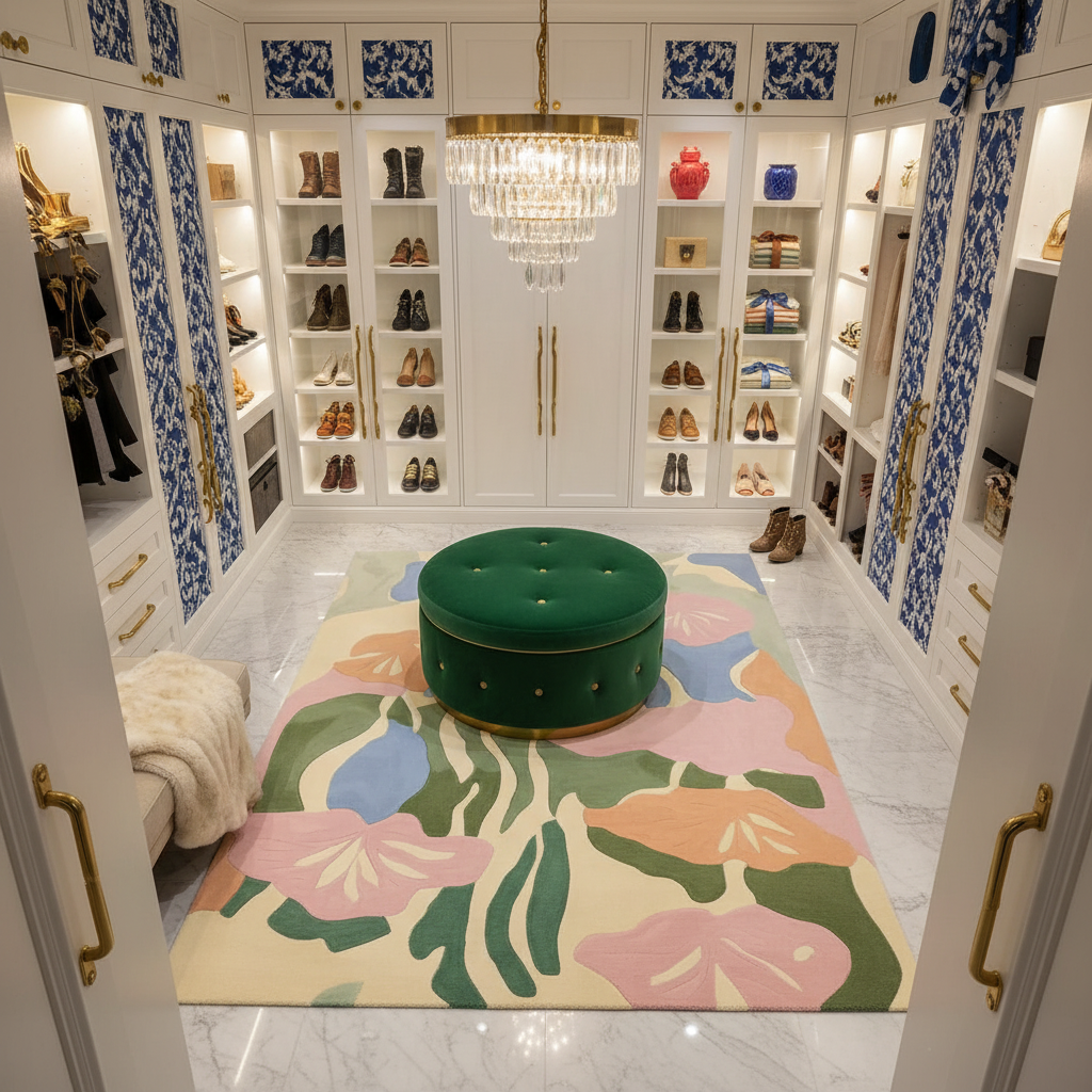 Luxury closet with floral rug, green ottoman, and shoe shelves.