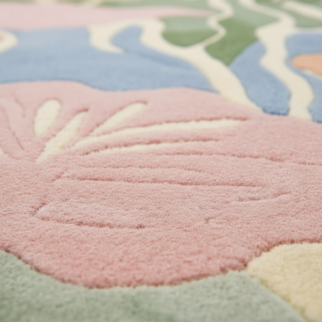 Close-up of a colorful children's rug with pastel shades.