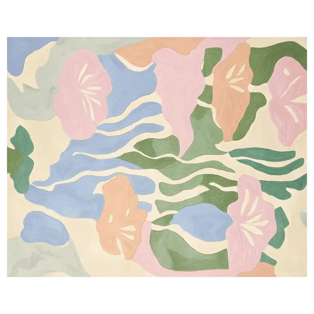 This image showcases the Blush Pastel Dreamscape Hand Tufted Area Rug, featuring an abstract design with soft blue, green, pink, and orange hues. Ideal for adding a contemporary touch to your space, this wool rug is perfect for living rooms and is available in an 8x10 size.