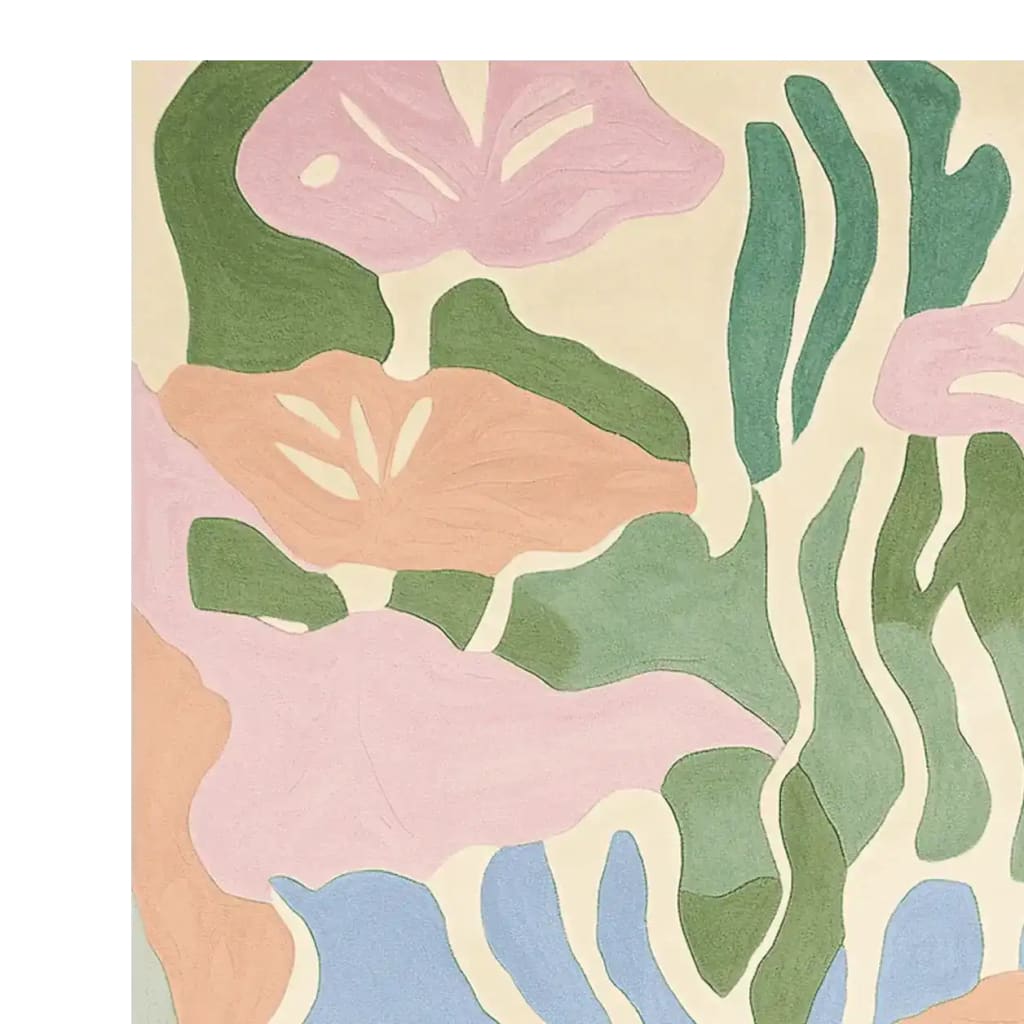 A vibrant, hand-tufted area rug featuring an abstract pastel dreamscape design in soft blush, green, and blue hues. Perfect for contemporary living rooms, this wool rug comes in an 8x10 size, adding a stylish touch to your decor.