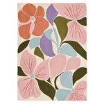 The Blush Petal Chaos Hand Tufted Rug features a vibrant floral design with bold colors including pink, blue, and green. This contemporary area rug is perfect for large living rooms and adds a touch of elegance with its abstract flower patterns. Made from high-quality wool, this area rug for living rooms combines style and comfort.