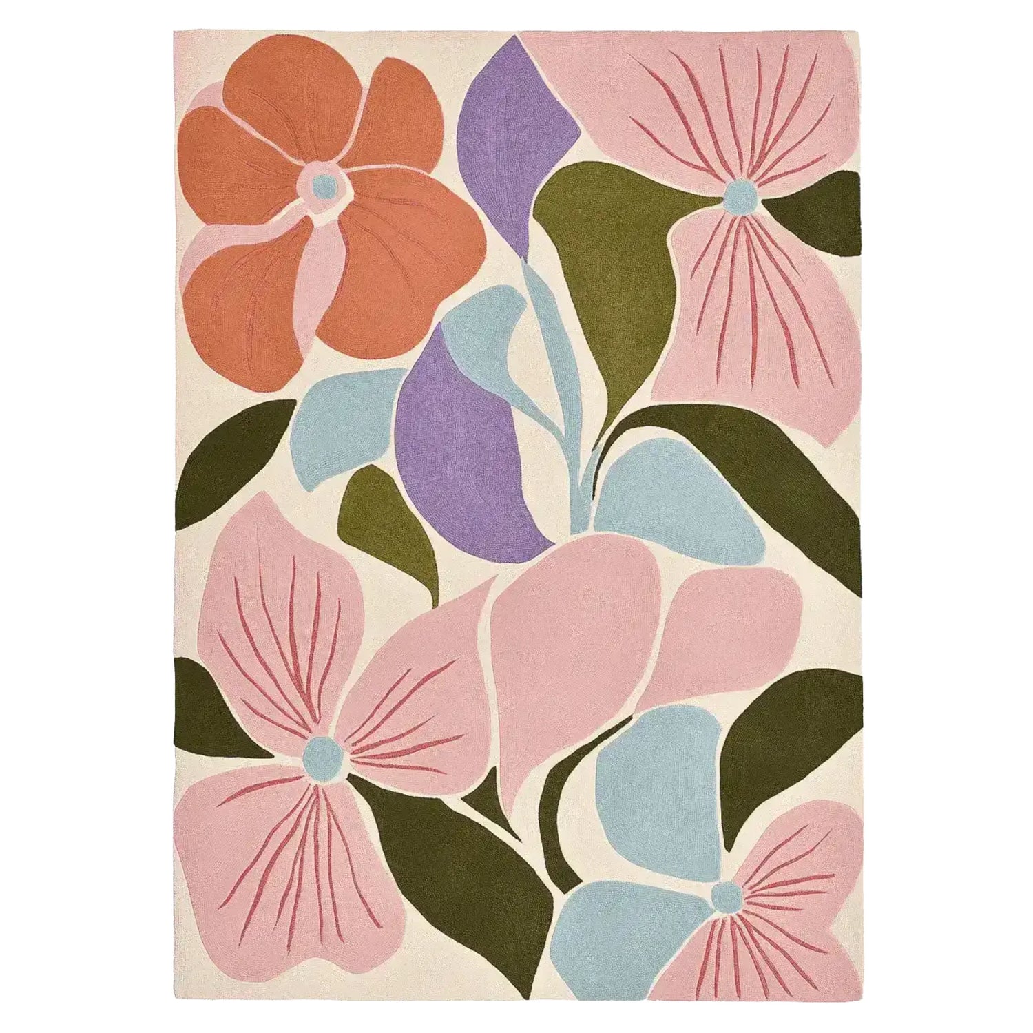 The Blush Petal Chaos Hand Tufted Rug features a vibrant floral design with bold colors including pink, blue, and green. This contemporary area rug is perfect for large living rooms and adds a touch of elegance with its abstract flower patterns. Made from high-quality wool, this area rug for living rooms combines style and comfort.
