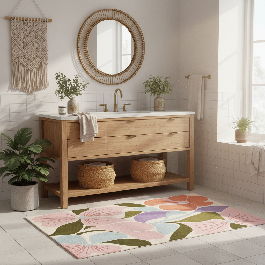 Bathroom with wooden vanity, round mirror, and floral rug