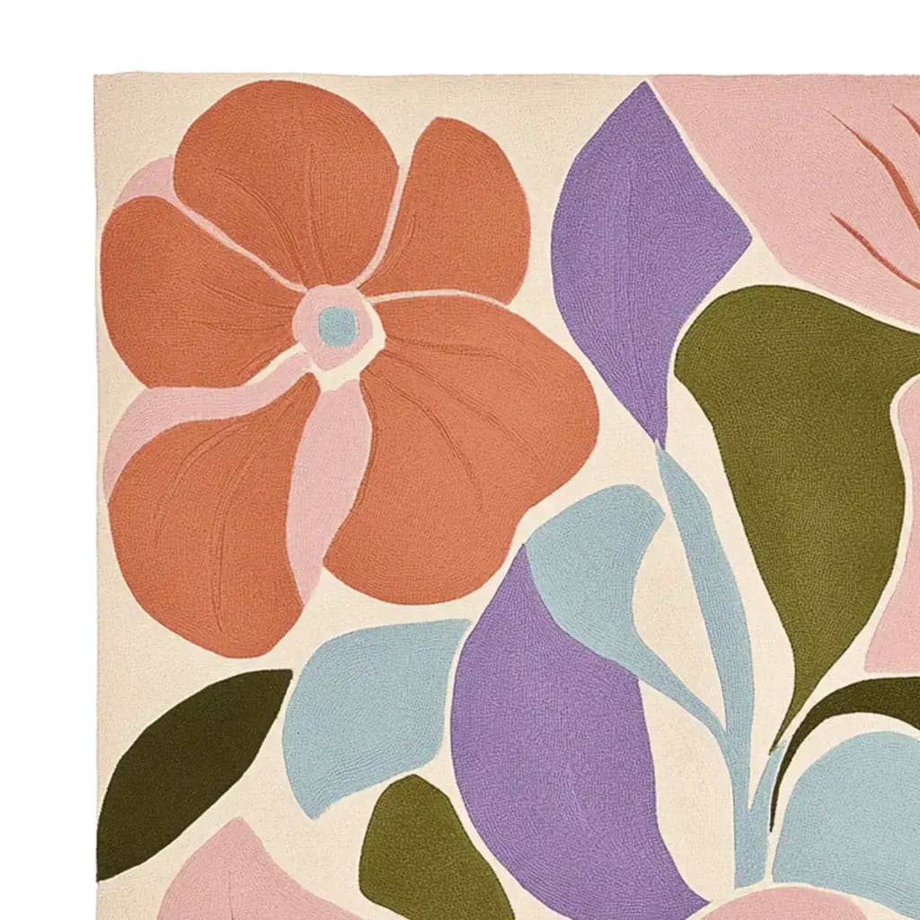 Close-up of the Blush Petal Chaos Hand Tufted Rug, an area rug perfect for large living room spaces. This contemporary wool rug features an abstract floral design in vibrant shades of orange, purple, and green, ideal for adding a splash of color to your decor.