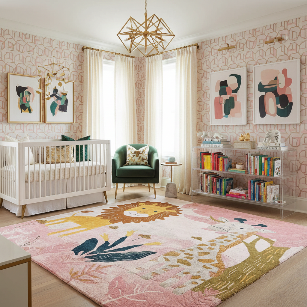 Children's room with crib, armchair, bookshelf, and colorful rug with animal designs.