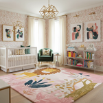 Children's room with crib, armchair, bookshelf, and colorful rug with animal designs.