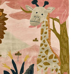This hand-tufted Blush & Roar area rug features an artistic design with a whimsical giraffe set against a backdrop of soft pink and earthy tones. Perfect for adding a playful touch to any living room, this wool square rug combines durability with a unique style, making it an ideal choice for those seeking distinctive rugs for living room spaces.