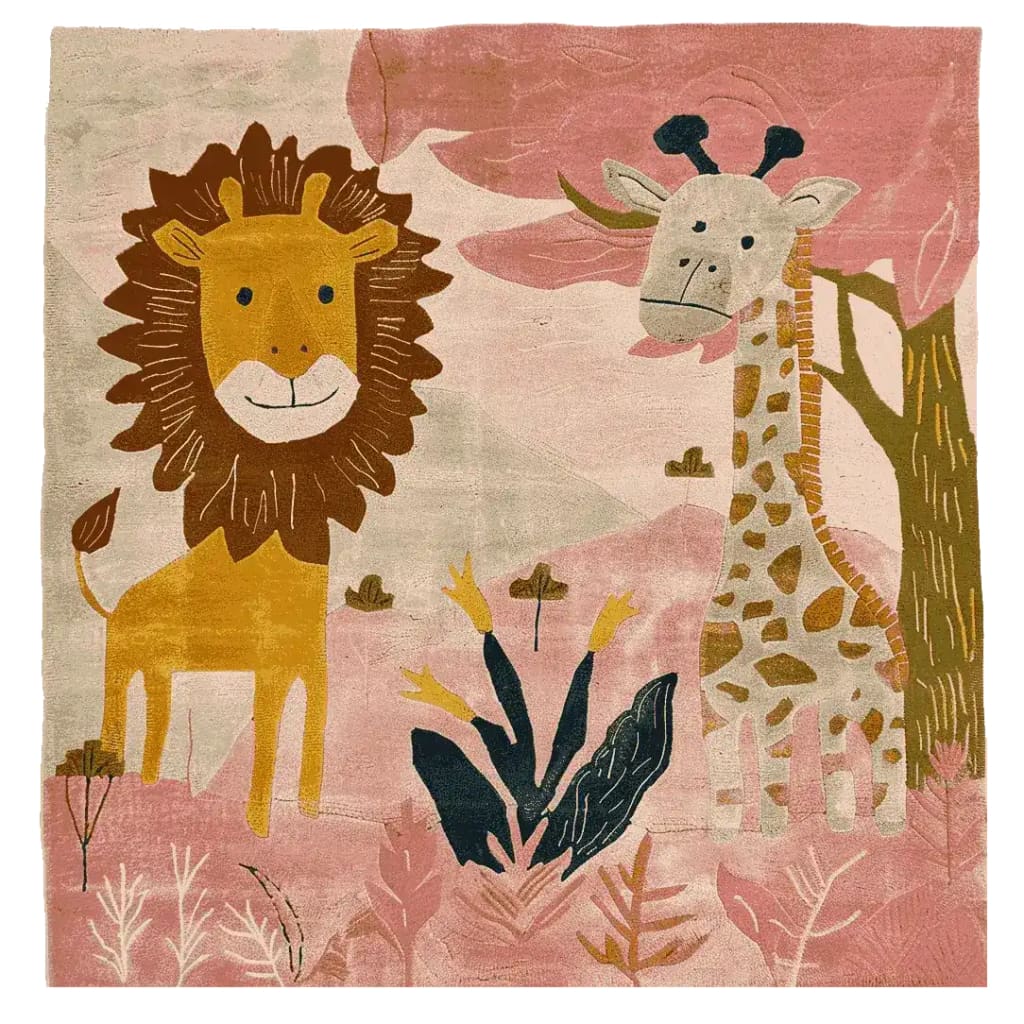 Charming 'Blush & Roar' hand-tufted wool area rug featuring a playful lion and giraffe design in soft pink and earthy tones. Ideal for adding a whimsical touch to rugs for living room or as a delightful square area rug centerpiece.