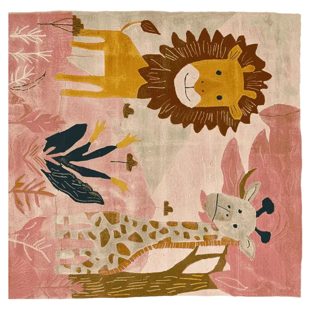 This vibrant hand-tufted area rug, perfect for living rooms, features a playful design with a lion and a giraffe on a whimsical backdrop. The square wool rug combines soft pink and earthy tones, making it an ideal choice for a cozy and stylish space.