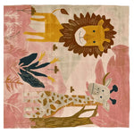This vibrant hand-tufted area rug, perfect for living rooms, features a playful design with a lion and a giraffe on a whimsical backdrop. The square wool rug combines soft pink and earthy tones, making it an ideal choice for a cozy and stylish space.