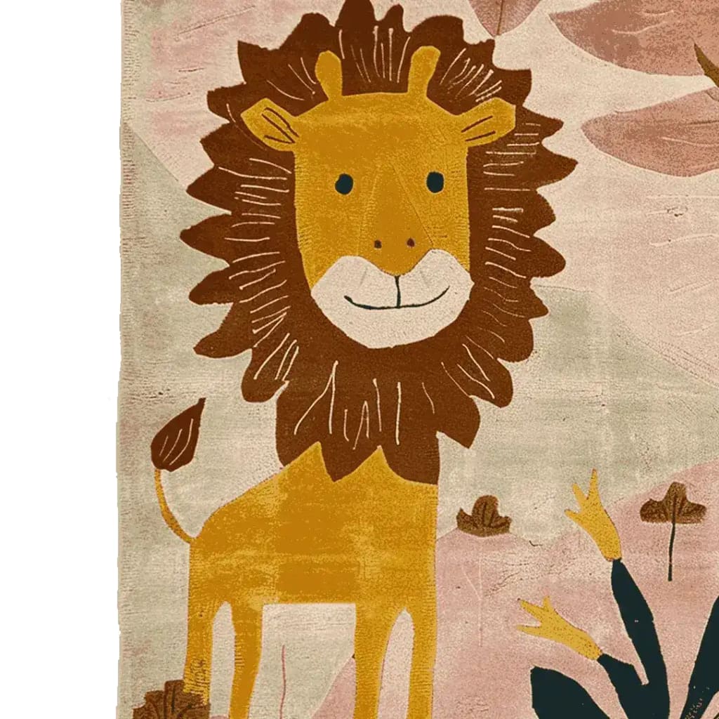 A playful and vibrant hand-tufted area rug featuring a charming lion design on a blush background. Perfect for adding a touch of whimsy to any living room, this wool square area rug combines style and comfort, ideal for those seeking unique rugs for their living space.
