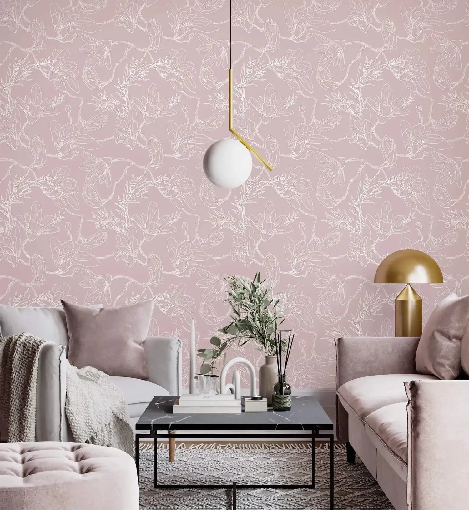 Blush sofas and dome lamp against pink floral sketch wallpaper, white line blooms on pink