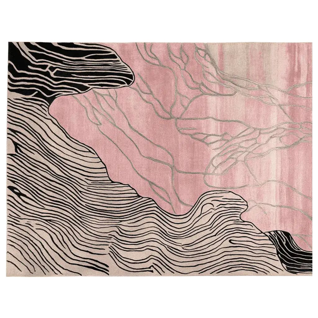 This Blush Terrain Canvas Hand Tufted Rug showcases a contemporary design with flowing black lines against a soft pink background, perfect for adding a touch of elegance to any living room. Made from high-quality wool, this area rug combines style and comfort, making it an ideal choice for those seeking modern area rugs for living rooms.