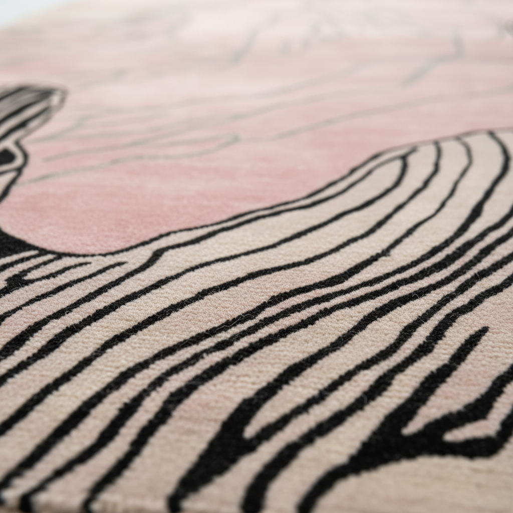 Close-up of a pink and black zebra-striped rug