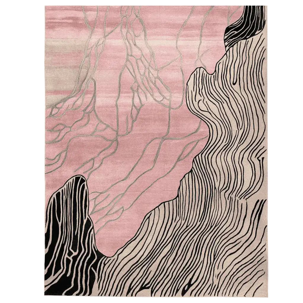 A beautifully designed Blush Terrain Canvas Hand Tufted Area Rug featuring an abstract pattern with soft pink and bold black lines. This contemporary rug is perfect for adding a modern touch to any living room. Made from high-quality wool, it combines style and comfort seamlessly.