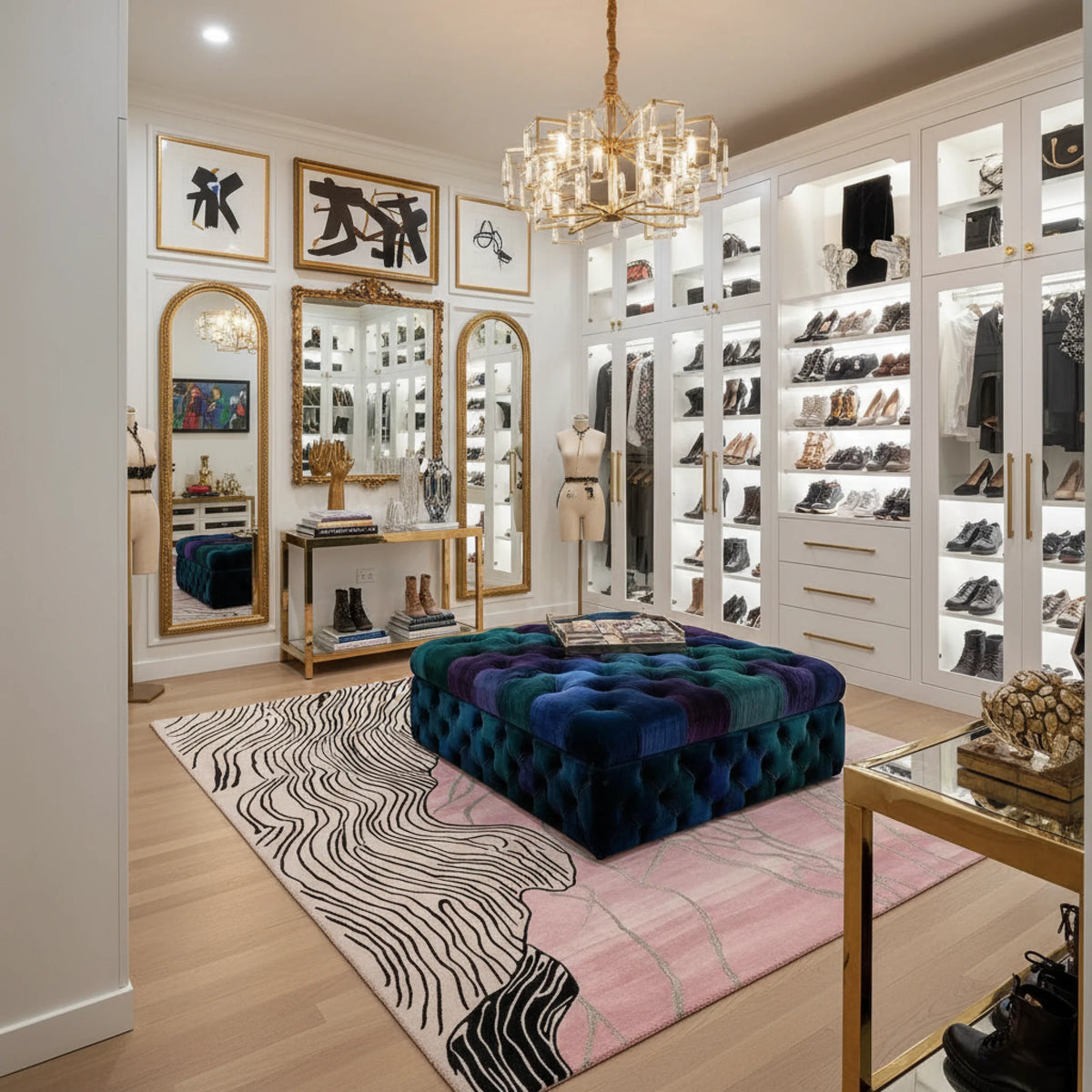 Luxury closet with high-end shoes, mirrors, a pink abstract hand-tufted wool rug, and decorative items.