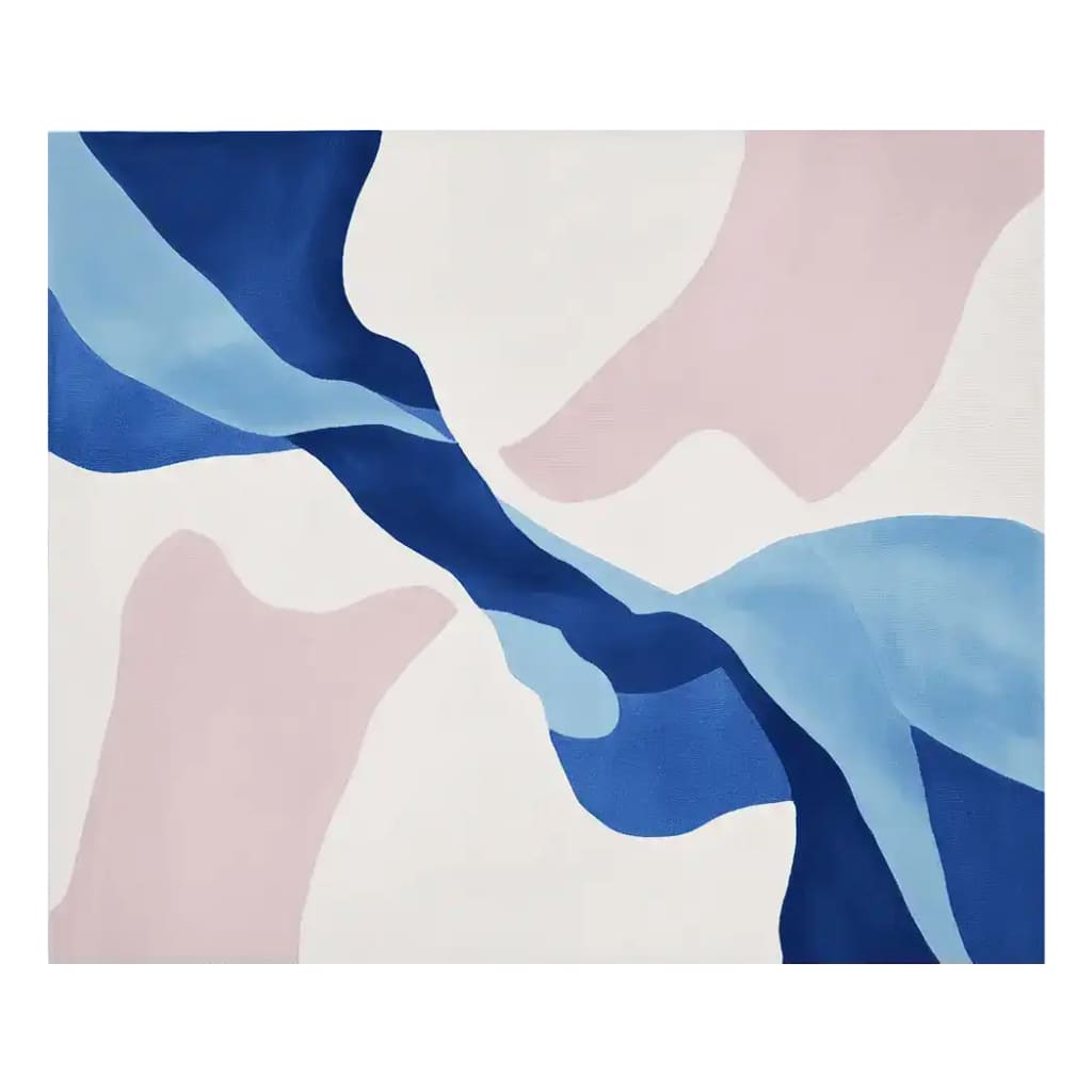 A top view of the Blush Wind Composition Hand Tufted Area Rug featuring an abstract design with flowing blue and blush pink shapes on a neutral background, creating a modern and artistic look.