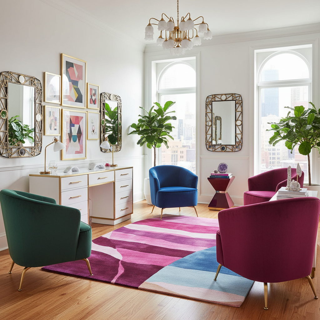Modern living room with a contemporary wool rug, colorful furniture and decorative elements.