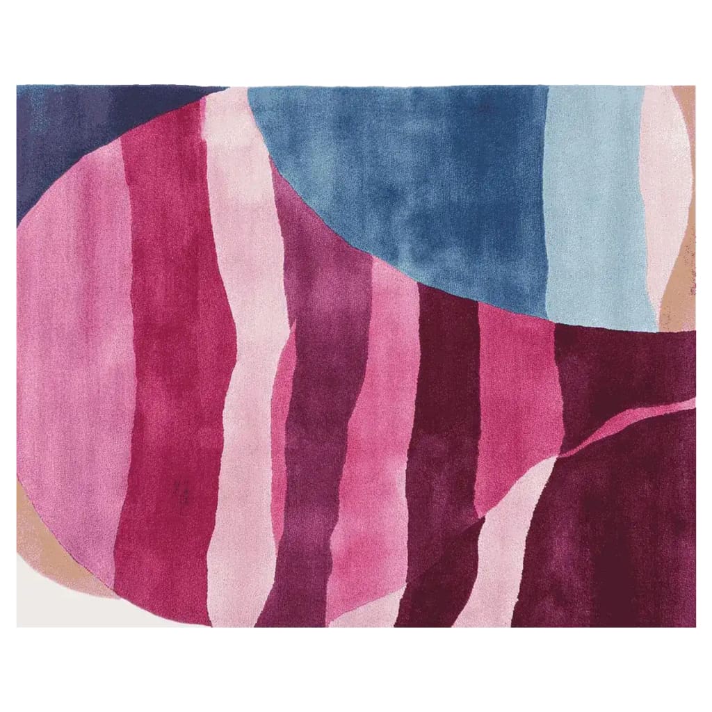 Top view of the Blushing Coastline Drift Hand Tufted Area Rug, featuring vibrant abstract patterns in shades of pink, blue, and burgundy. This contemporary wool rug is perfect for adding a splash of color to living room spaces, making it an ideal choice for those seeking stylish living room area rugs.