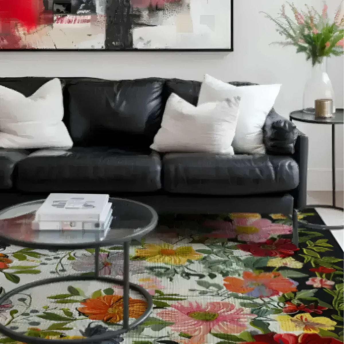 A vibrant Bohemian Floral Hand Tufted Area Rug in a modern living room setting, perfect for office or bedroom decor. The wool rug features a colorful floral design, adding a touch of elegance beneath a black leather sofa and a round glass table.