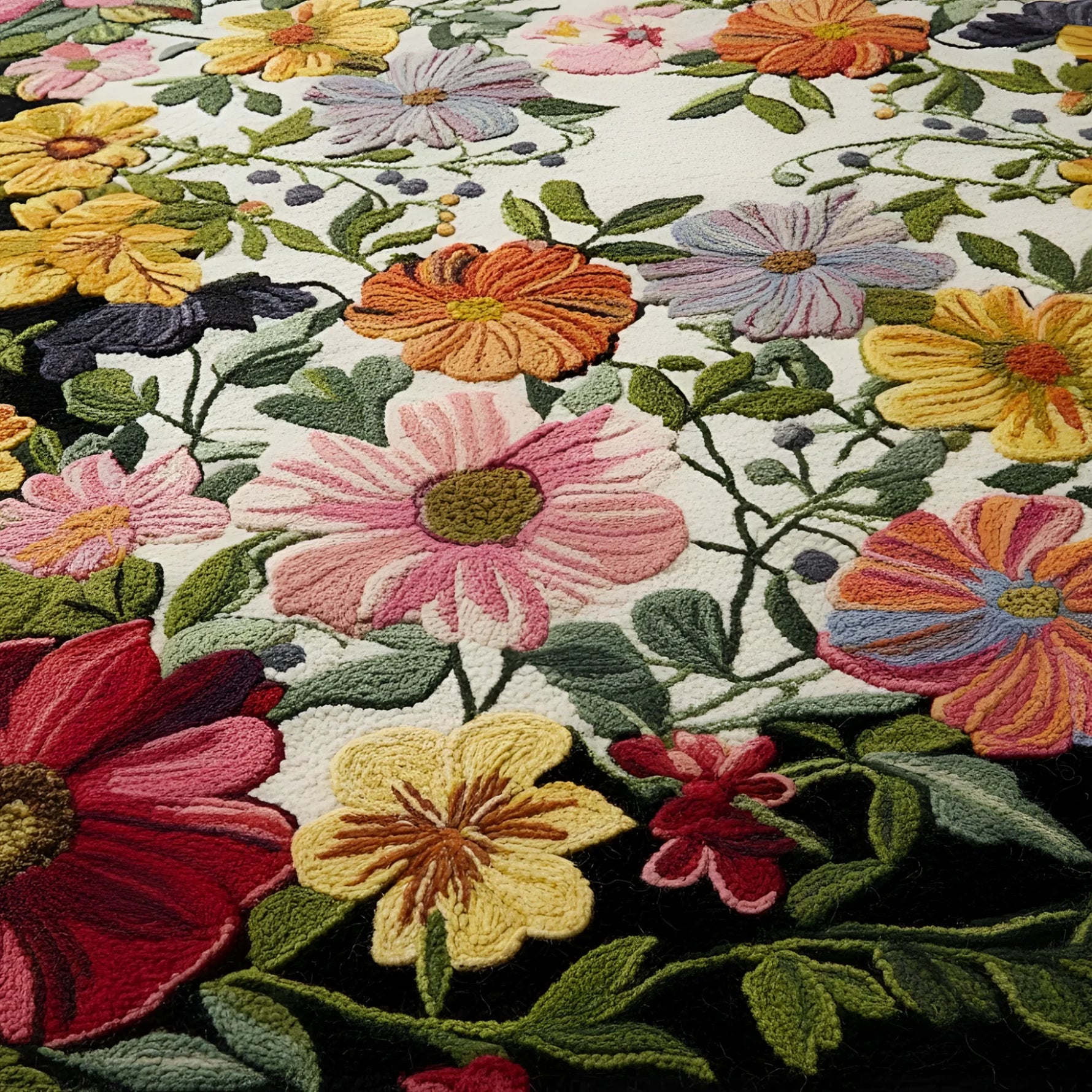 Close-up of a colorful floral pattern on rug