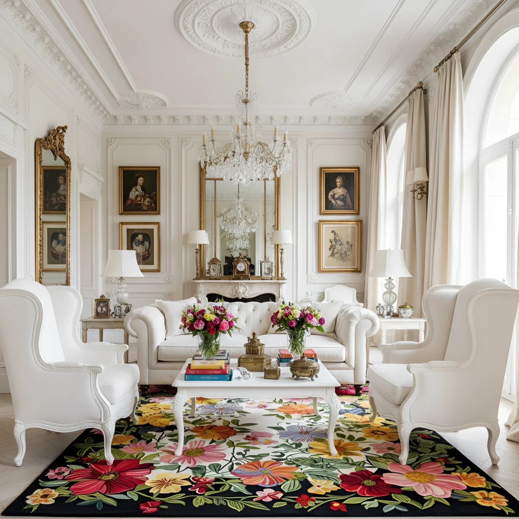 Luxurious living room with white furniture, floral rug, and decorative elements.