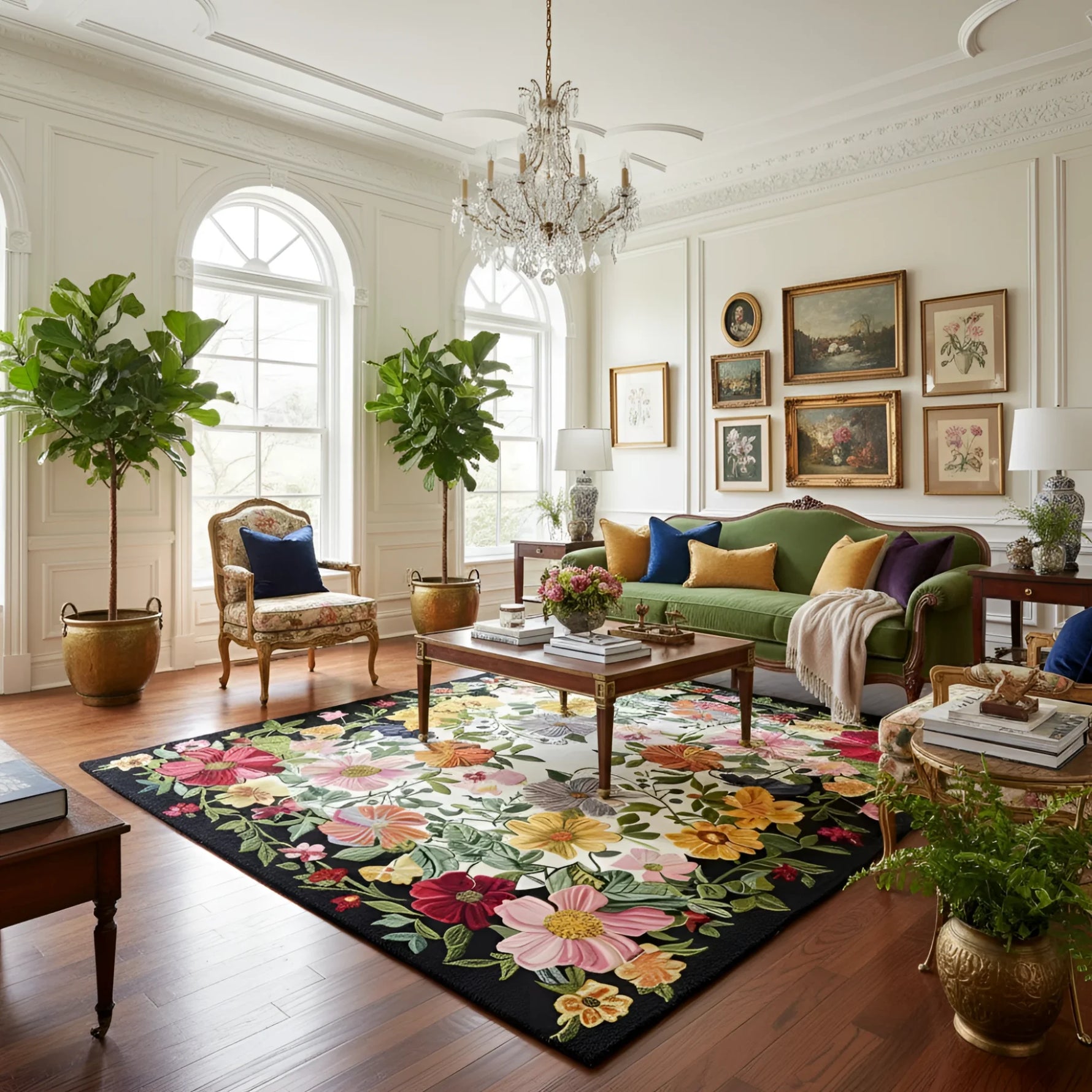 Living room with floral rug, green sofa, and decorative elements.