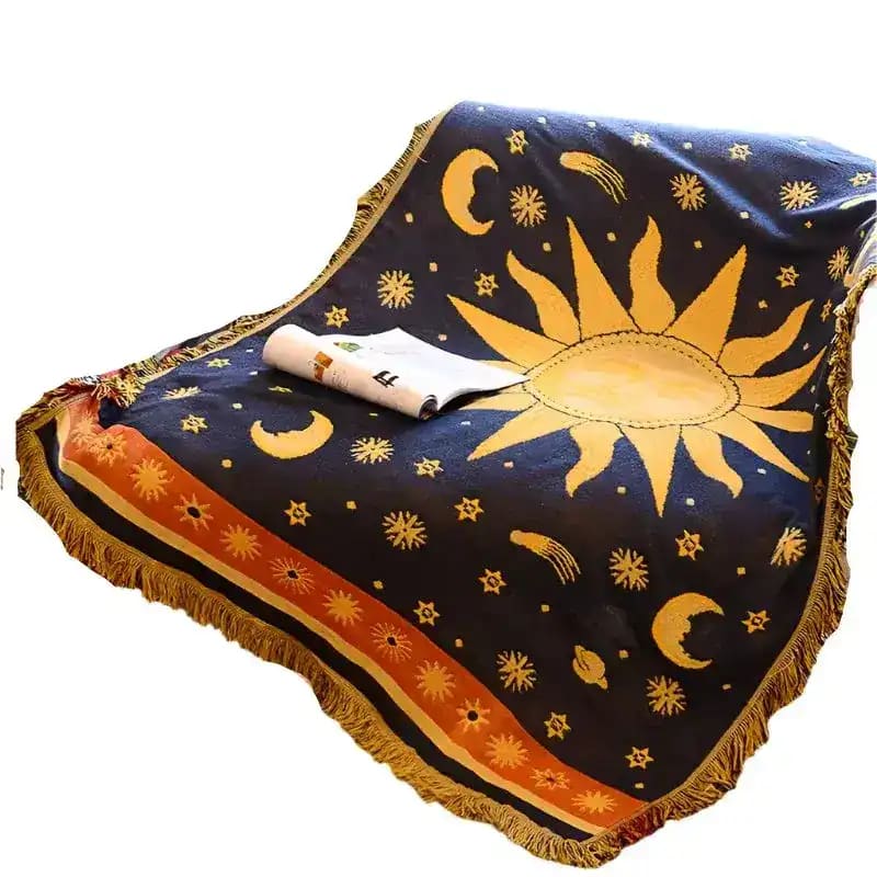 The Bohemian Sun Cotton Throw Blanket is a vibrant and cozy piece that brings warmth and style to any room. Made from soft, high-quality cotton, this throw features a beautiful bohemian-inspired design with sun motifs and intricate patterns. Its rich colors and textured weave add a touch of artistic flair, making it perfect for draping over a couch, bed, or chair. Whether you're adding a pop of color to your living space or curling up for a cozy evening, this throw blanket offers both comfort and style with