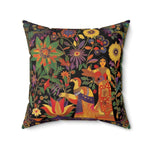 Boho Persian Garden Throw Pillow closer view of folk-art Indian woman, parrot, lotus and multicolor flowers on black