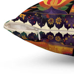 Corner detail of Boho Persian Garden Throw Pillow showing white zipper and cream-and-purple scalloped floral border print