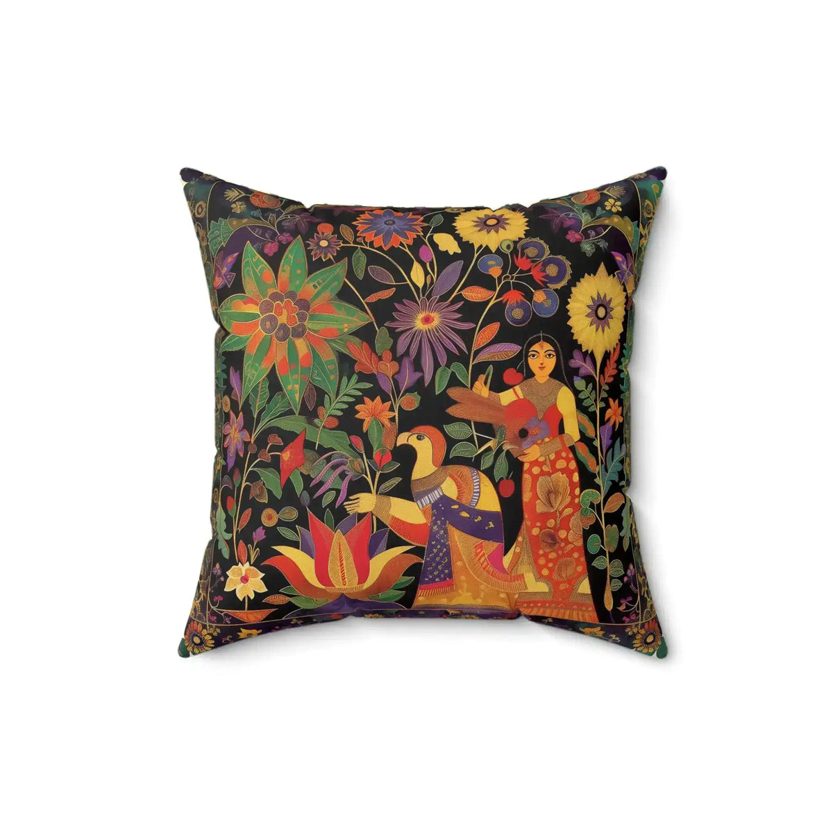 Boho Persian Garden Throw Pillow front view, folk-art woman with parrot among colorful flowers and lotus on dark ground