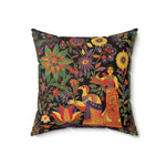 Boho Persian Garden Throw Pillow angled view showing folk-art garden scene with woman, bird and bright blooms on black