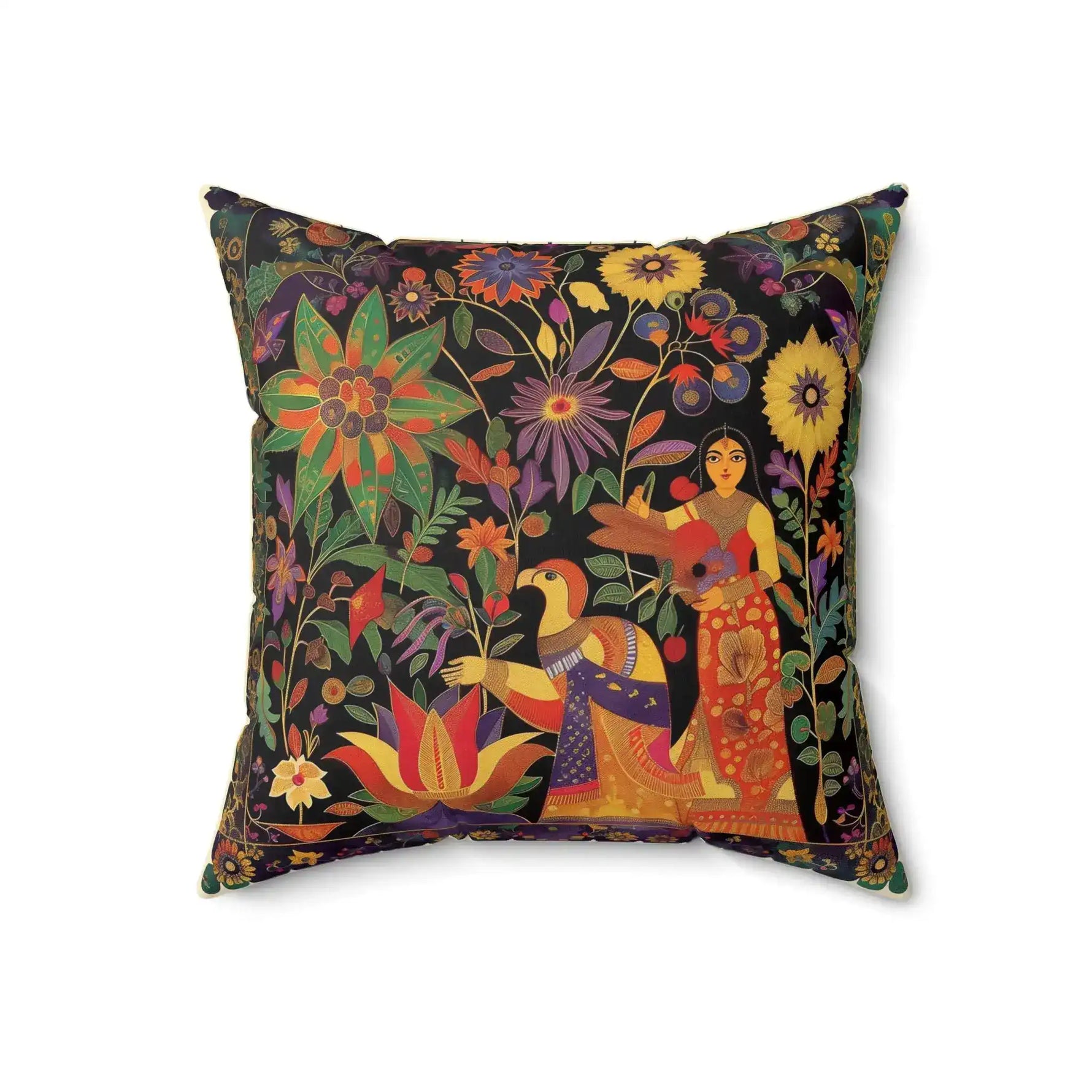 Boho Persian Garden Throw Pillow angled view showing folk-art garden scene with woman, bird and bright blooms on black