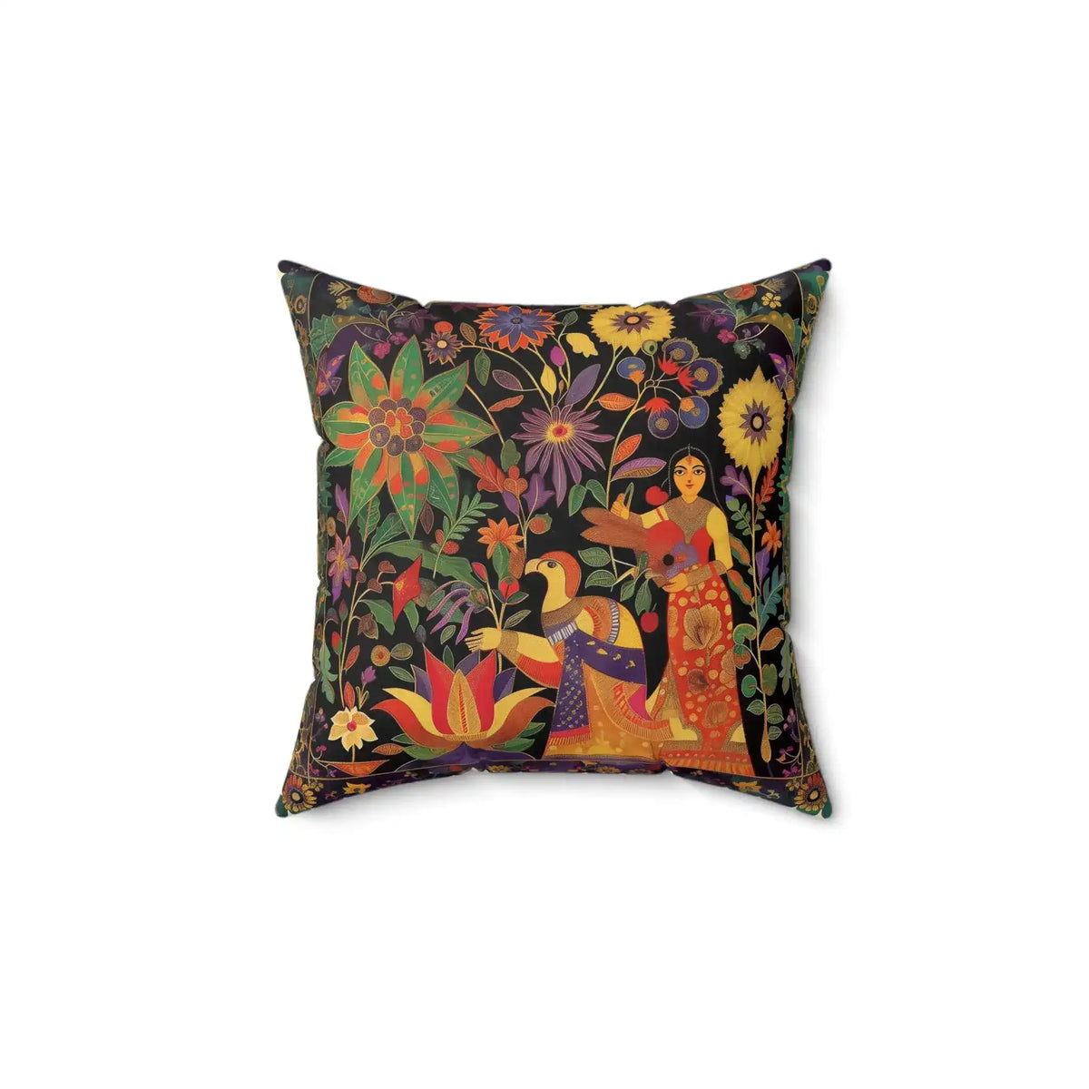 Boho Persian Garden Throw Pillow with folk-art Indian woman, parrot and vivid orange, purple and yellow blooms on black
