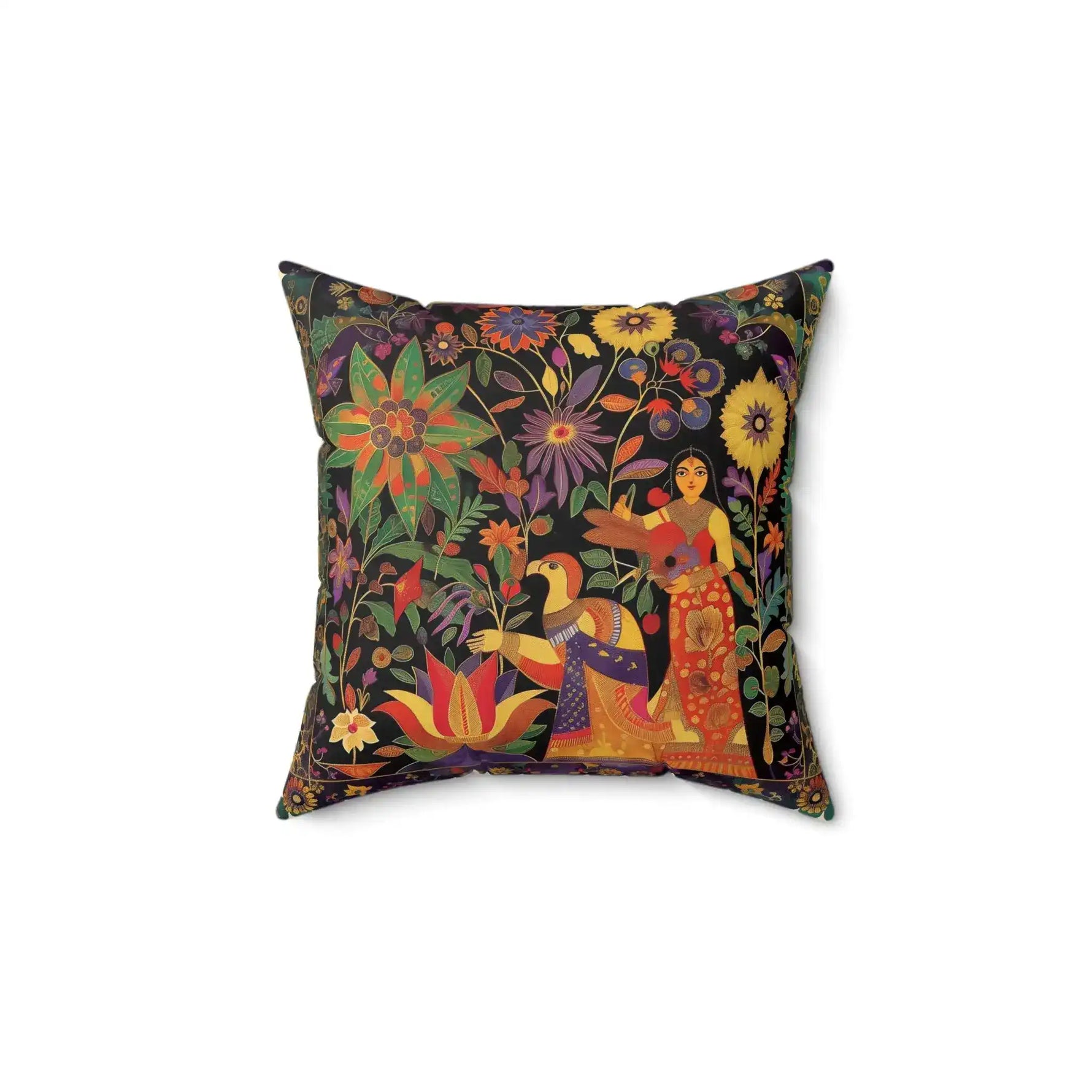 Boho Persian Garden Throw Pillow with folk-art Indian woman, parrot and vivid orange, purple and yellow blooms on black