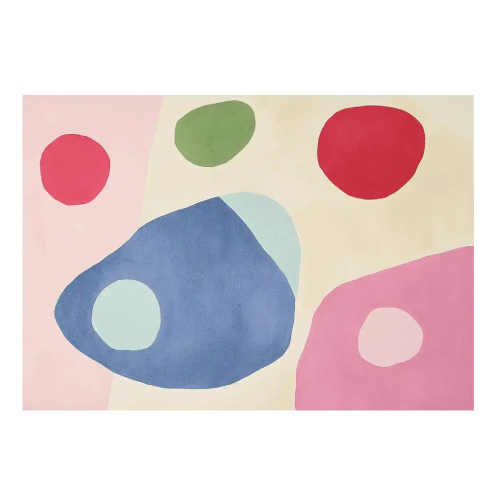 Bold Blob Bash Hand Tufted Area Rug featuring an abstract design with colorful blobs in red, green, blue, and pink on a neutral background. Ideal for large living room spaces, this contemporary wool rug measures 8x10, adding a vibrant touch to any modern home decor.
