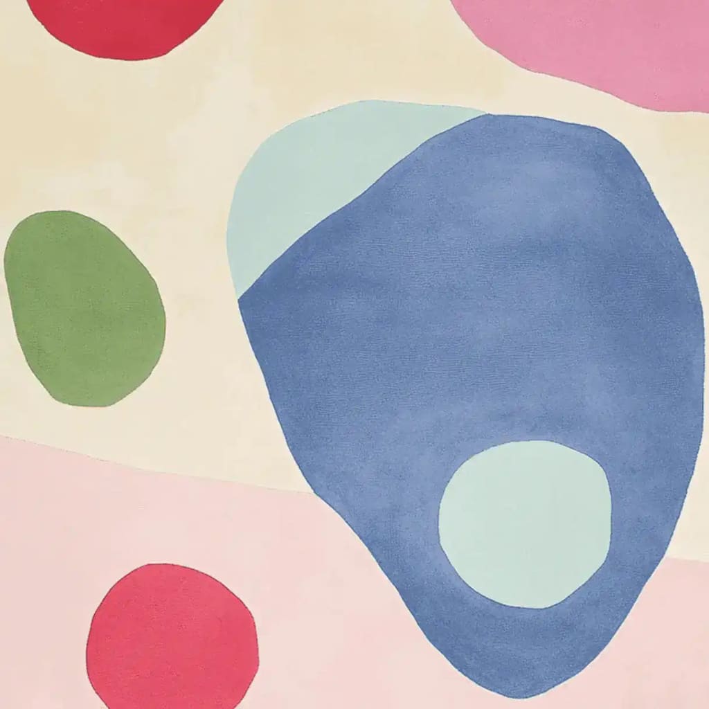This vibrant and contemporary hand-tufted rug features an abstract design with bold blobs of color, including blue, green, red, and pink. Perfect for adding a splash of color to large living rooms, this area rug is made of high-quality wool and measures 8x10 feet, making it a stylish and cozy addition to any space.